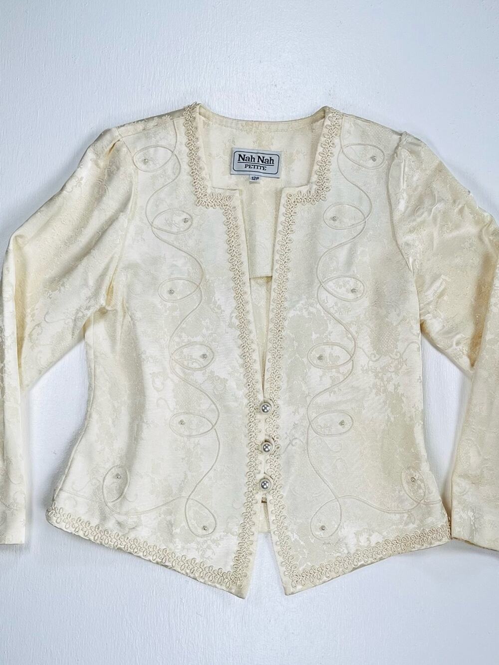 Vintage Cream Embellished Blazer Size 12P Romantic 90's Satin Jacquard Jacket